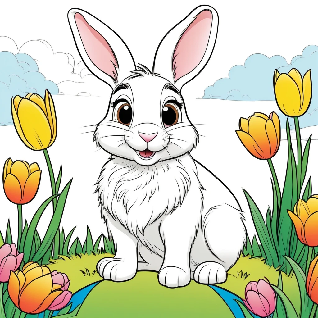 Line drawing, (Pixar style:1.8), (coloring page:1.6) Cute fluffy bunny sitting in a blooming garden filled with vibrant tulips and daffodils under a sunny blue sky , ColoringBookAF , (blank white background:1.4)  