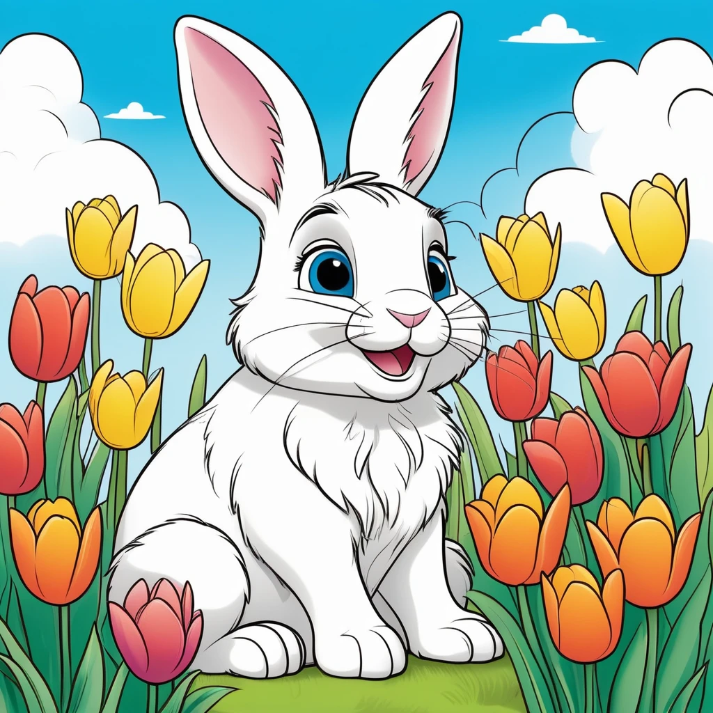 Line drawing, (Pixar style:1.8), (coloring page:1.6) Cute fluffy bunny sitting in a blooming garden filled with vibrant tulips and daffodils under a sunny blue sky , ColoringBookAF , (blank white background:1.4)  