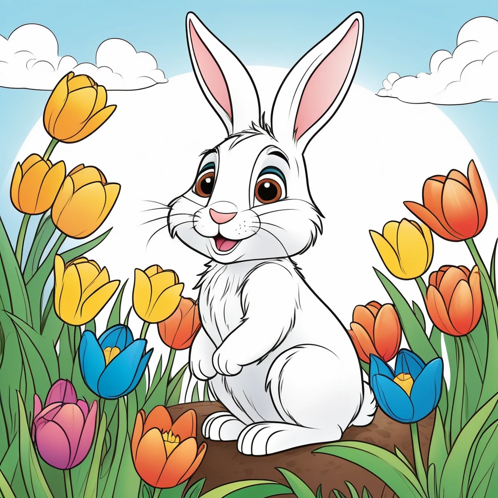 Line drawing, (Pixar style:1.8), (coloring page:1.6) Cute fluffy bunny sitting in a blooming garden filled with vibrant tulips and daffodils under a sunny blue sky , ColoringBookAF , (blank white background:1.4)