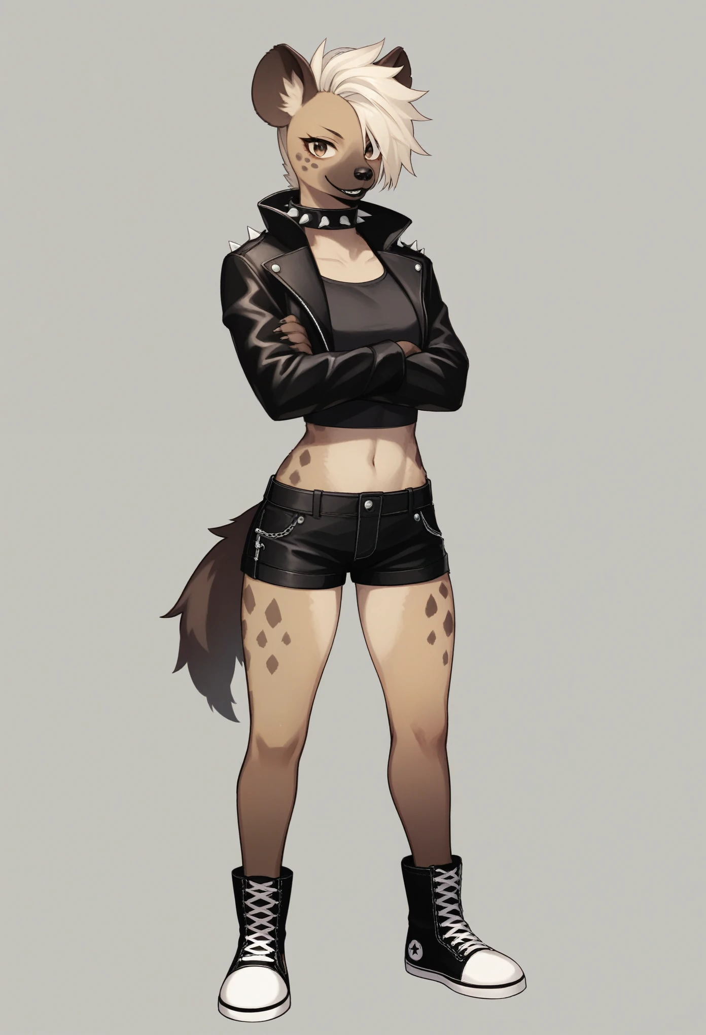 Solo, score_9,score_8_up,score_7_up, kemono style, n source_furry, a tall female spotted hyena, brown snout, black nose, brown eyes, short spiked undercut platinum blonde hair, black lips, hyena tail, brown hyena ears, wearing black leather jacket, black crop top, black short shorts, black and white converse shoes, arms crossed, spiked collar, soft smile, abstract grey background, standing