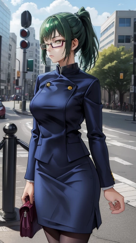 MakiS1, solo, bangs, 1girl, ponytail, green hair, glasses, , jacket, semi-rimless eyewear, long hair, breasts, skirt, long sleeves, expressionless, yellow eyes, pantyhose, blue jacket, standing, blue skirt, black pantyhose, high ponytail, outdoors, sky, breathtaking background BREAK
masterpiece, best quality, highly detailed background, perfect lightingbest quality, ((shiny skin, glossy skin, detailed skin))