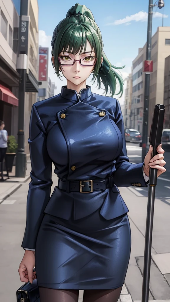 MakiS1, solo, bangs, 1girl, ponytail, green hair, glasses, , jacket, semi-rimless eyewear, long hair, breasts, skirt, long sleeves, expressionless, yellow eyes, pantyhose, blue jacket, standing, blue skirt, black pantyhose, high ponytail, outdoors, sky, breathtaking background BREAK
masterpiece, best quality, highly detailed background, perfect lightingbest quality, ((shiny skin, glossy skin, detailed skin))