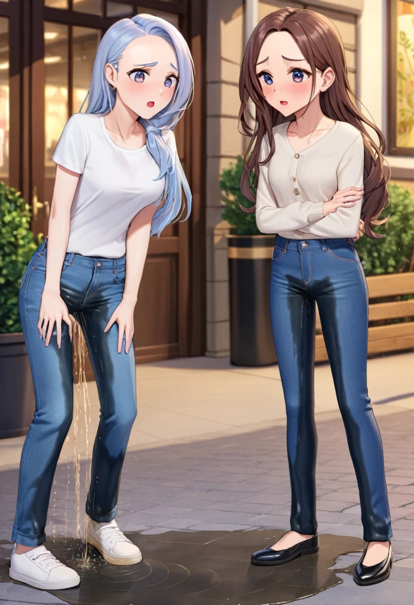 ((best quality, masterpiece:1.3, 8K)), (detailed), highly detailed face and skin texture, detailed eyes, downtown, full body, slender body, 2girls, 25 years old, white skin, bright lips, scared, worried, embarrassed, panicking, long hair, (forehead:1.0), jeans pants, flares jeans, blue jeans, peeing jeans, peeing pants, pee stain, (wetting herself:1.5), desperation:1.5,