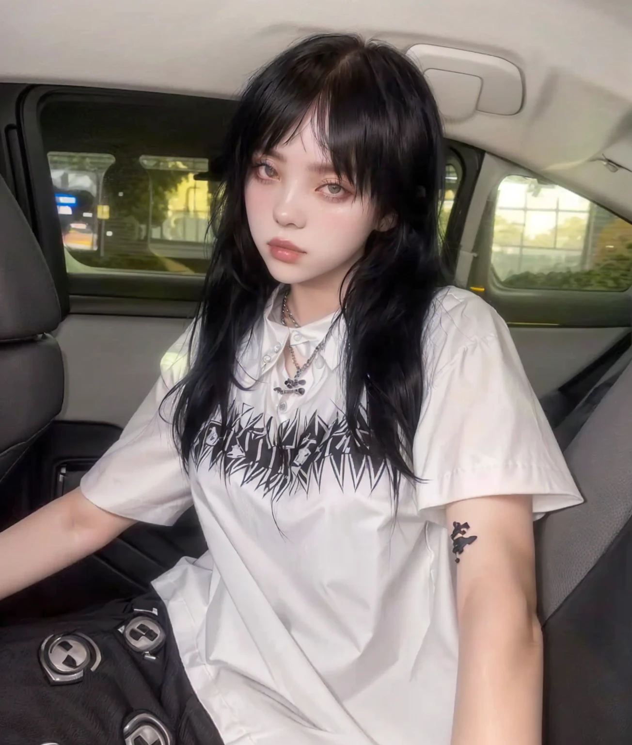 Arafed woman sitting in a car wearing white shirt and black pants., gothic girl aesthetic, cruel korean gothic girl, She wears street clothes, she has black hair with bangs, pale gothic beauty, 1 7  gothic girl, gothic aesthetic, witch clothes, white bangsblack hair, black hair and white bangs, hair with black bangs