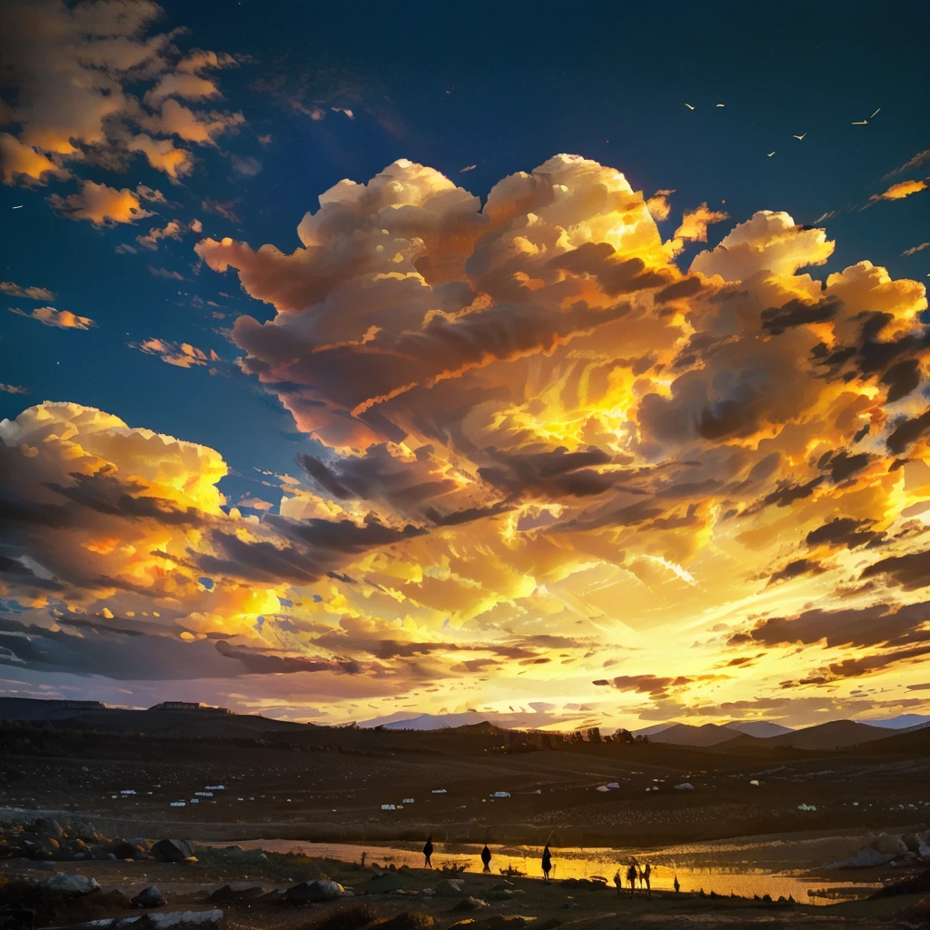 A gorgeous golden sunset over a majestic mountain range, dramatic orange and blue gradient sky with billowing clouds obscuring the sun, people walking on a winding mountain path, street lamps or lanterns lighting the way, three figures silhouetted against the sky, wearing dark clothing and white headscarves, birds soaring overhead