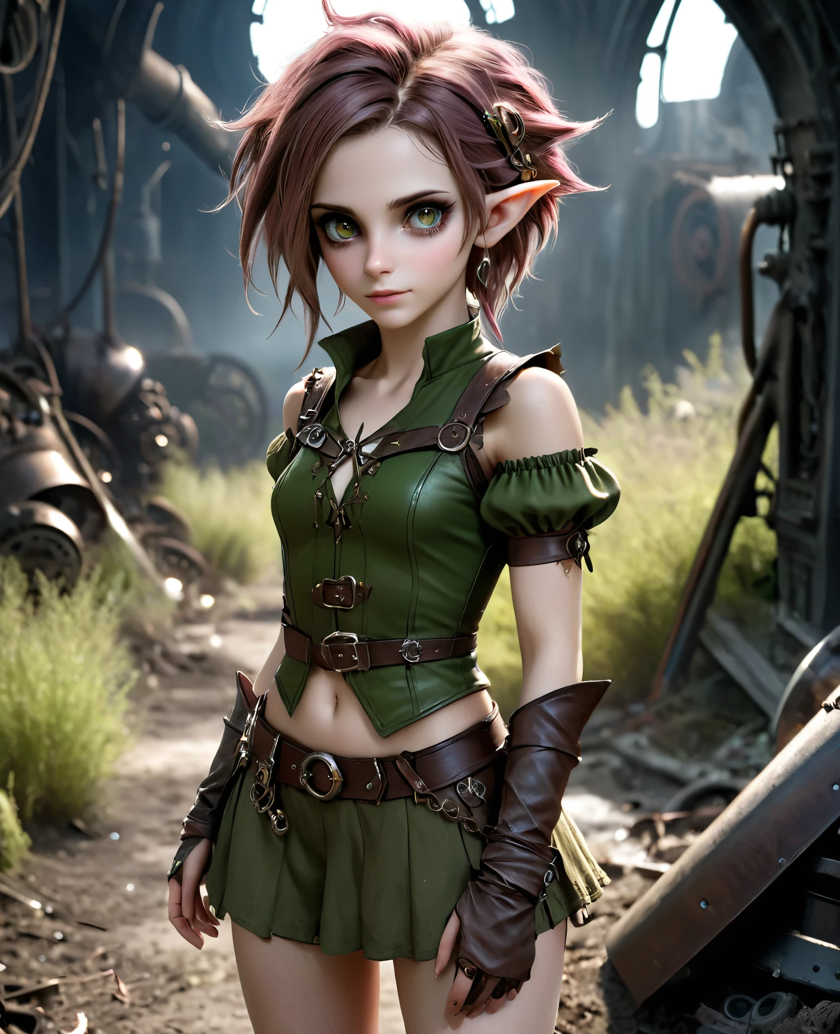 cute elf, (age elf with extremely cute eyes)), (((elf))), ((((high resolution))), (((extremely detailed))), ((masterpiece)), looks like Aerith Gainsborough, dramatic shadows, depth of field, analog photo style, (world in which are collide steampunk and postapocalyptic vibes), postapocalyptic cute female in steampunk aesthetic, torn dirty clothes, depth of field, full body shot, unzoomed, (perfect body: 1.4), (sidecut short hairstyle), (stalking is quite common, although not the best way to make a living), stylized atmosphere of unreality, dark atmosphere, dynamic pose, in motion, Armageddon, increase cinematic lighting, highly lifelike skin texture, parted lips, weary eyes, fine eyes, whitened skin, random hair colour, doomsday aura