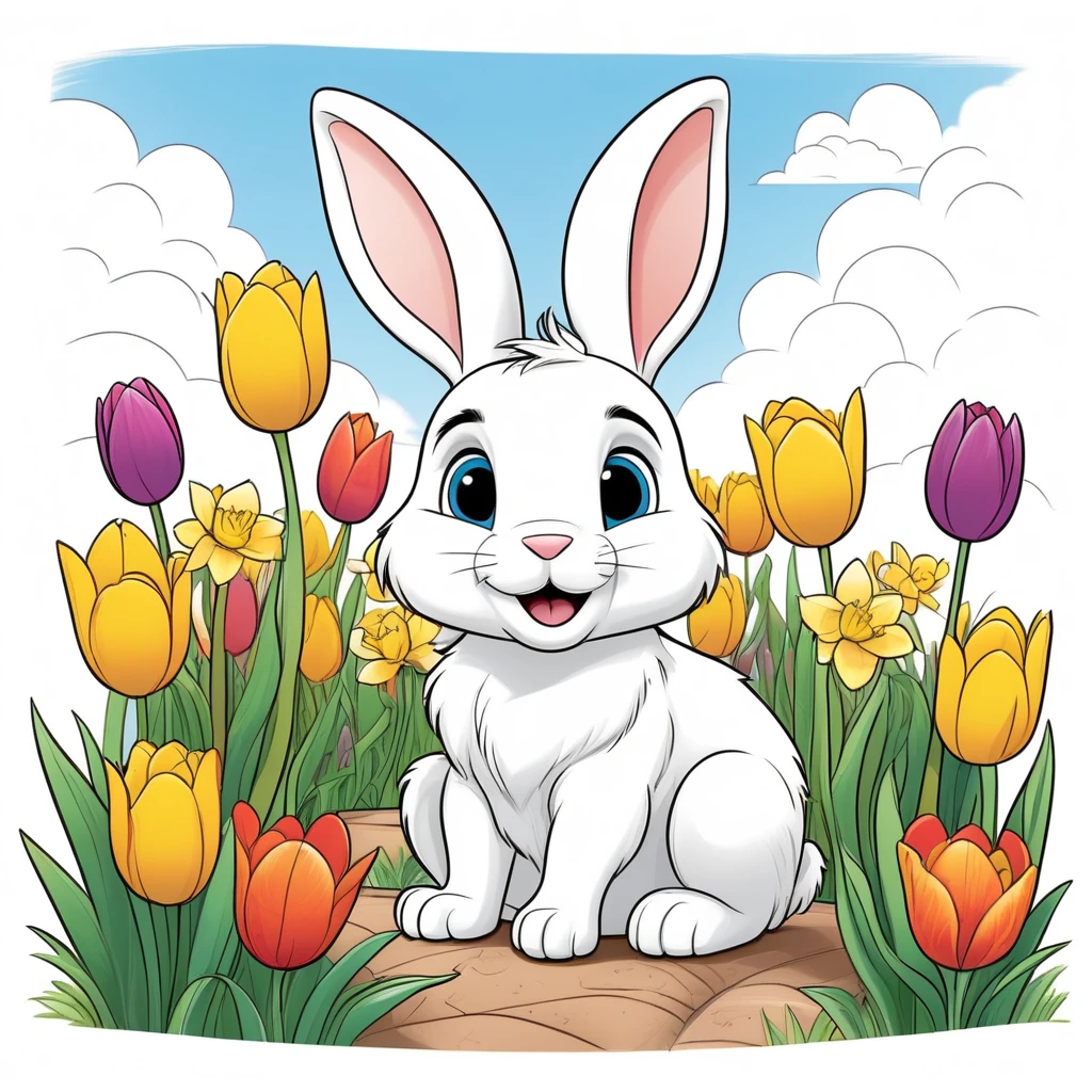 Line drawing, (Pixar style:1.8), Cute fluffy bunny sitting in a blooming garden filled with vibrant tulips and daffodils under a sunny blue sky , ColoringBookAF , (blank white background:1.4)  