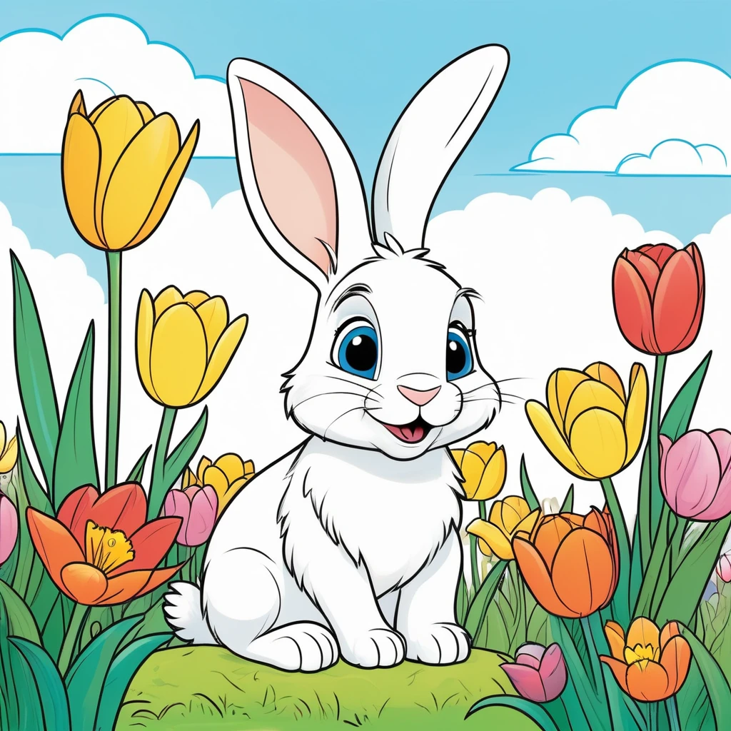 Line drawing, (Pixar style:1.8), Cute fluffy bunny sitting in a blooming garden filled with vibrant tulips and daffodils under a sunny blue sky , ColoringBookAF , (blank white background:1.4)