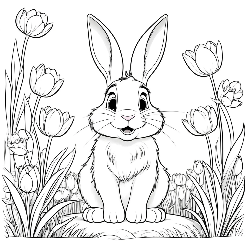 Line drawing, (Pixar style:1.8), Cute fluffy bunny sitting in a blooming garden filled with vibrant tulips and daffodils under a sunny blue sky , ColoringBookAF , (blank white background:1.4)