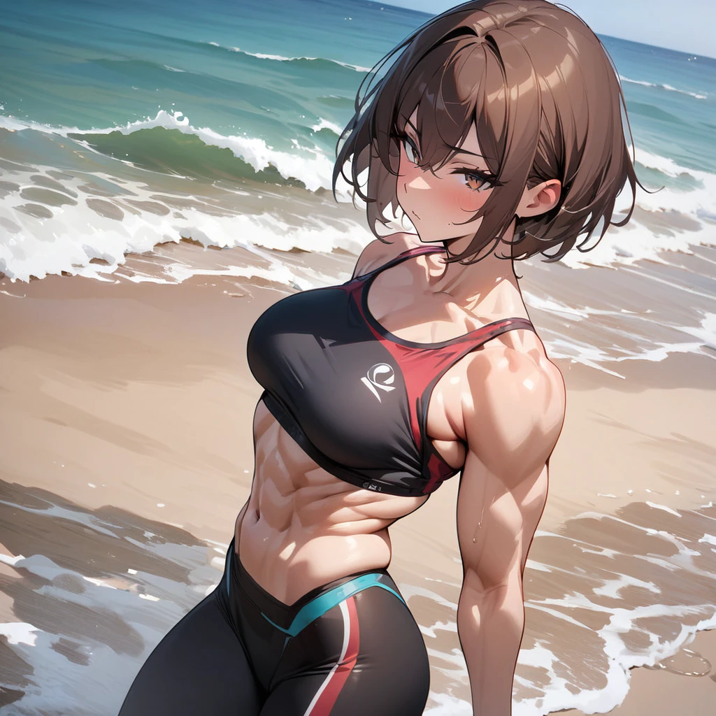 top quality, masterpiece, female, brown hair, short hair, slender, body builder, beautiful muscles, sea, sandy beach