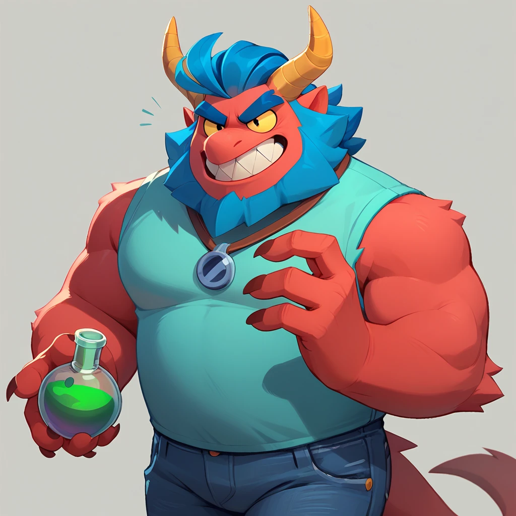 a rond blue furred monster, resembling Pop Fizz from Skylanders, who smiles, with pointy teeth, wearing jeans, and a green potion in his hand