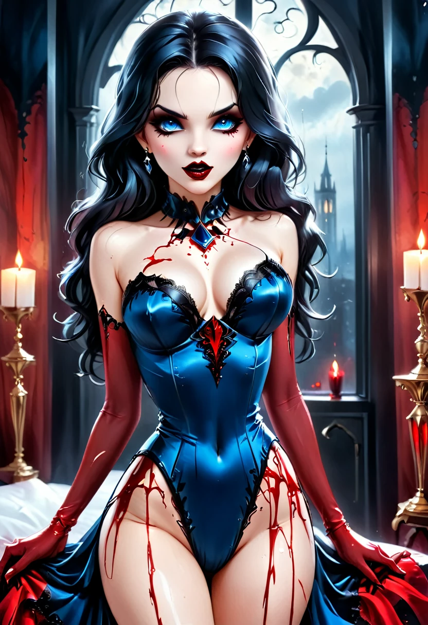 fantasy art deco (art deco: 1.5) A (black and white: 1.5) glamours (vampire: 1.5) model shot, RAW, award winning, of an exquisite beautiful 1solo female vampire, ultra feminine, full body, busty woman, most beautiful face ultra detailed face, long hair, wavy hair, pale skin, glowing (red: 1.3) eyes, wearing (blue: 1.5) silk glamour dress with corset, intricate dress, studded with (black opals: 1.3) wearing intricate high heels, lying in bed, light make up, modern day high society bedroom background, (black and white filter: 1.4), (anatomically correct: 1.4), 1960s photoshoot style, picture taken from dynamic range, vibrant, Ultra-high resolution, High Contrast, (masterpiece:1.5), highest quality, Best aesthetics), best details, best quality, highres, ultra wide angle, 16k, [ultra detailed], masterpiece, best quality, (extremely detailed), Intense Gaze, RedGlitter, dark novel, Blood_Covered, goth person