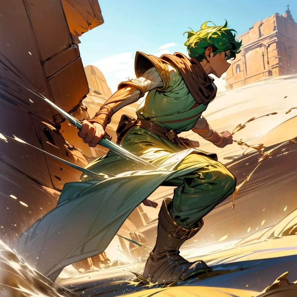 1boy, Full body version, 1character, (sand wanderer), brown eyes color, dark skin, (Curly cut hairstyle), small eyes type, green colour hair, doctor ancient roman clothing style, white color clothing, dark green robe, Ancient roman boots, armor vest, sands in two hand, Grassroots background in desert, (battle, battle gesture, battle poses, view character on small, He a sand wanderer, he controls sand with his hands, he fights enemies with sand, enemies, bandits, Fighting, intense battles, fighting in desert, Dynamic Pose, Motion Blur, emphasis lines, sparks, plasma, aura)