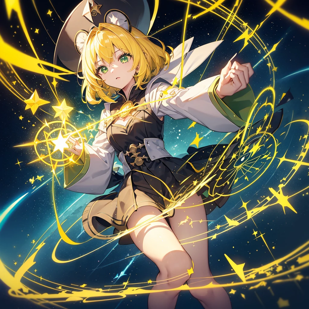 ((Yellow Hair　magic circle　Witch Hat　Green Eyes))　((thunder　Blitz　thunderの杖　starのペンダント　electricity　lightning))　(Magic Robe　Shine　star　Streaks of Light　Black Hole)　moon　彗star　incantation　Runes　nice