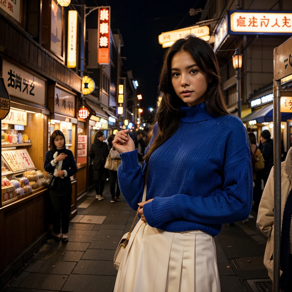 Female supermodel. Royal blue sweater. Dim, soft lighting. Sunset. Sugamo Jizodori Shopping Street, Tokyo, Japan. Sunset.
