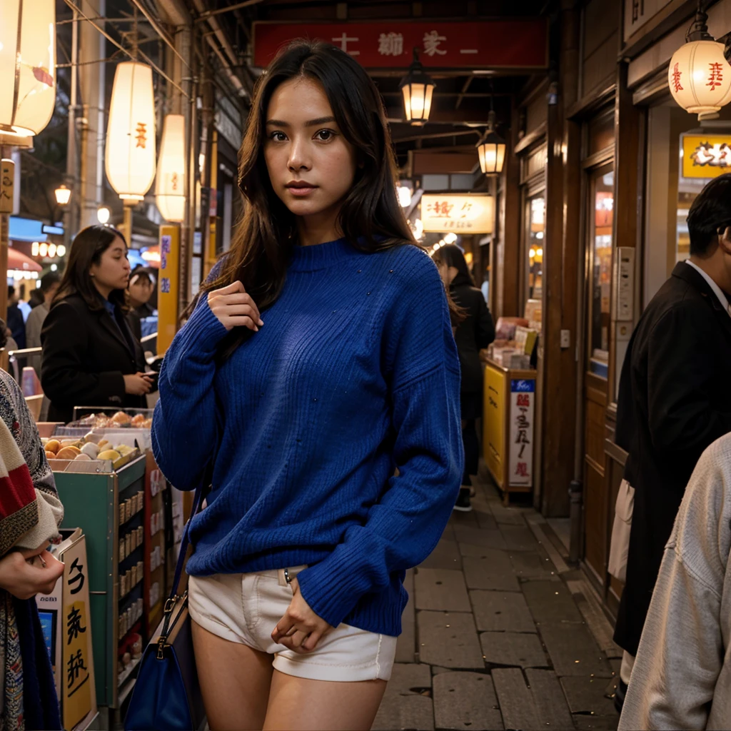 Female supermodel. Royal blue sweater. Dim, soft lighting. Sunset. Sugamo Jizodori Shopping Street, Tokyo, Japan. Sunset.