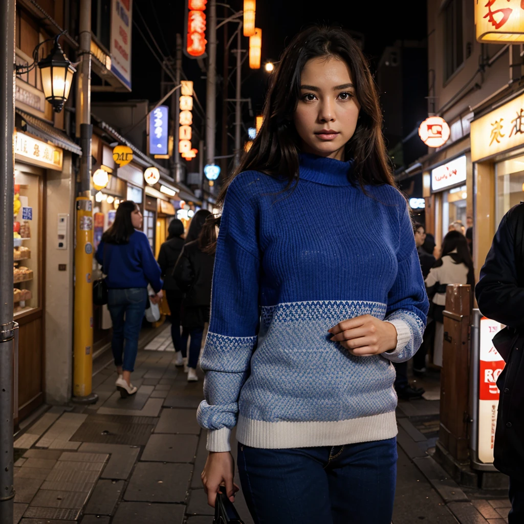 Female supermodel. Royal blue sweater. Dim, soft lighting. Sunset. Sugamo Jizodori Shopping Street, Tokyo, Japan. Sunset.
