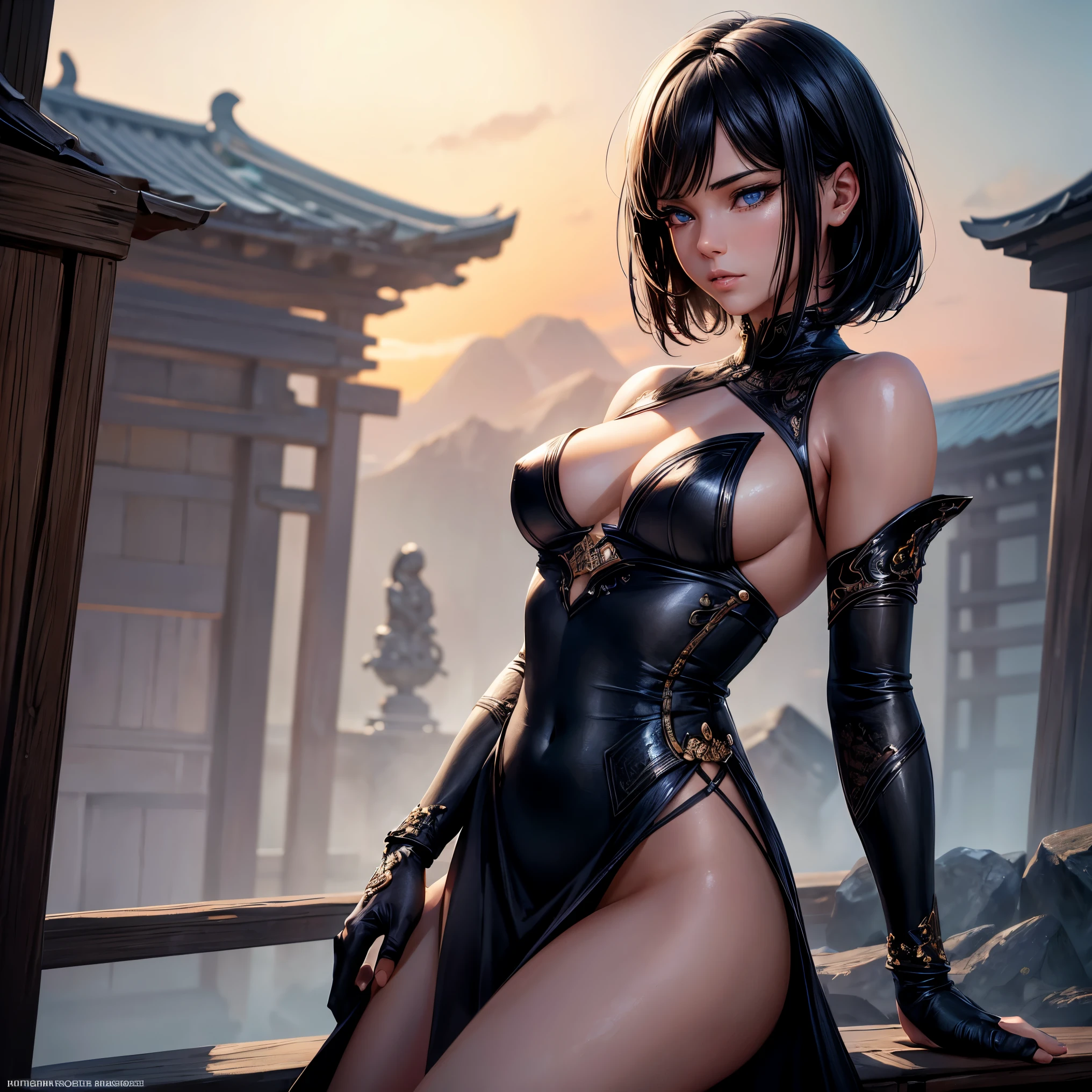 a woman, 1girl, short bob black hair, small breasts, blue sky eyes!!!, fait skin, blank face, sexy tight black ninja outfit, bare arm, bare leg, night, medieval japanese town, very sexy body, detailed face, beautiful detailed eyes, beautiful detailed lips, extremely detailed eyes and face, long eyelashes, detailed clothing, intricate details, highly detailed, photo realistic, 8k, best quality, masterpiece, cinematic lighting, dramatic lighting, vibrant colors, fantasy, digital art, concept art