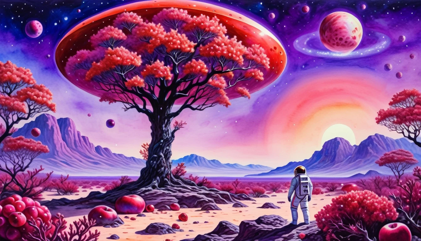[front portrait] an astronaut, apples on an alien planet among local coral trees made of precious rubies, a flying saucer against a purple sky (by Vincent-Di-Fate), fresh watercolor palette canvas/acrylic, intricate, extreme detail, complex key, ((single shot)), ((best quality)), ((masterpiece)), ((realistic)), 8k