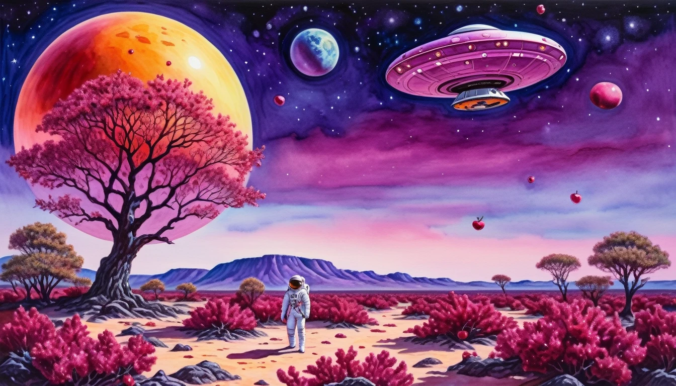[front portrait] an astronaut, apples on an alien planet among local coral trees made of precious rubies, a flying saucer against a purple sky (by Vincent-Di-Fate), fresh watercolor palette canvas/acrylic, intricate, extreme detail, complex key, ((single shot)), ((best quality)), ((masterpiece)), ((realistic)), 8k