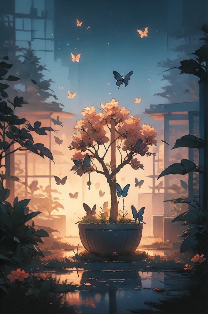 a painting of a tree with flowers and butterflies in the sky, 🌺 cgsociety, magical flowers, glowing flowers, night sky full of flowers, very beautiful digital art, beautiful digital artwork, dawn cgsociety, trending on cgsociety art, beautiful digital art, beautiful depiction, beautiful gorgeous digital art, gorgeous digital art, by Yang J, cgsociety saturated colors