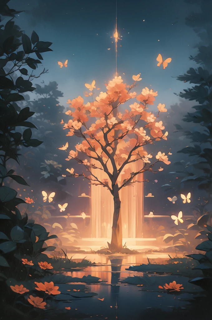 a painting of a tree with flowers and butterflies in the sky, 🌺 cgsociety, magical flowers, glowing flowers, night sky full of flowers, very beautiful digital art, beautiful digital artwork, dawn cgsociety, trending on cgsociety art, beautiful digital art, beautiful depiction, beautiful gorgeous digital art, gorgeous digital art, by Yang J, cgsociety saturated colors