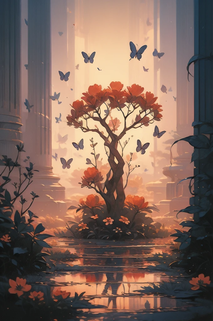 a painting of a tree with flowers and butterflies in the sky, 🌺 cgsociety, magical flowers, glowing flowers, night sky full of flowers, very beautiful digital art, beautiful digital artwork, dawn cgsociety, trending on cgsociety art, beautiful digital art, beautiful depiction, beautiful gorgeous digital art, gorgeous digital art, by Yang J, cgsociety saturated colors