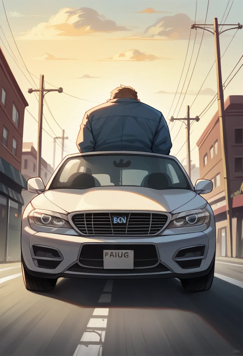 An image with a modern urban background, featuring a cloudy sky and distant tall buildings, suggesting an urban environment at dusk. In the center of the scene, a metallic blue luxury bmw car is at a road the camera has a low angle regard the car focusing at the car front