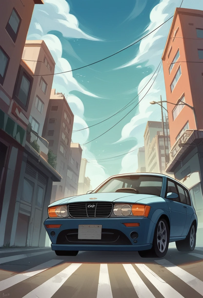 An image with a modern urban background, featuring a cloudy sky and distant tall buildings, suggesting an urban environment at dusk. In the center of the scene, a metallic blue luxury bmw car is at a road the camera has a low angle regard the car focusing at the car front