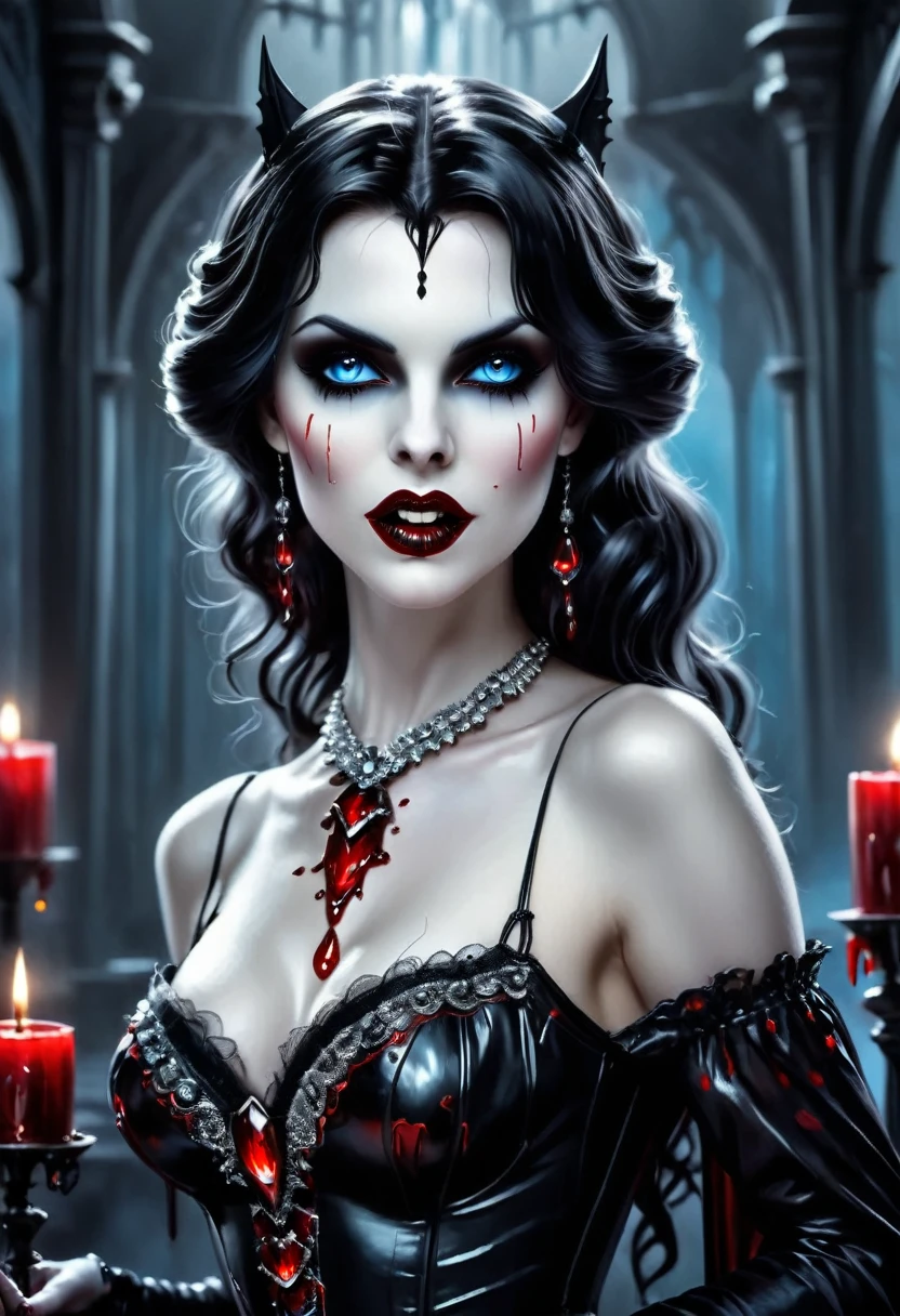 fantasy art deco (art deco: 1.5) A (black and white: 1.5) glamours (vampire: 1.5) model shot, RAW, award winning, of an exquisite beautiful 1solo female vampire, ultra feminine, full body, busty woman, most beautiful face ultra detailed face, long hair, wavy hair, pale skin, model715, glowing (red: 1.3) eyes, wearing (blue: 1.5) silk corset, stockings, wearing intricate high heels, lying in bed, light make up, modern day high society bedroom background, (black and white filter: 1.4), (anatomically correct: 1.4), 1960s photoshoot style, picture taken from dynamic range, vibrant, Ultra-high resolution, High Contrast, (masterpiece:1.5), highest quality, Best aesthetics), best details, best quality, highres, ultra wide angle, 16k, [ultra detailed], masterpiece, best quality, (extremely detailed), Intense Gaze, RedGlitter, dark novel, Blood_Covered
