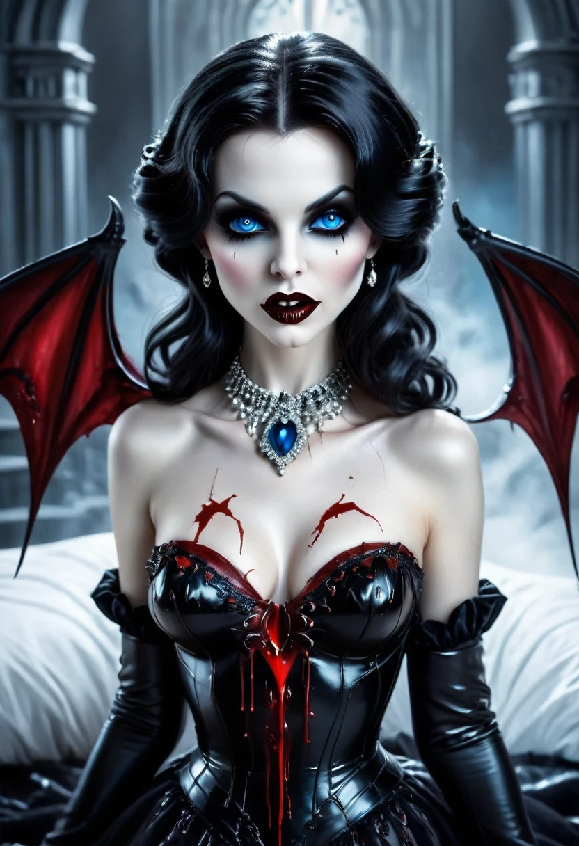 fantasy art deco (art deco: 1.5) A (black and white: 1.5) glamours (vampire: 1.5) model shot, RAW, award winning, of an exquisite beautiful 1solo female vampire, ultra feminine, full body, busty woman, most beautiful face ultra detailed face, long hair, wavy hair, pale skin, model715, glowing (red: 1.3) eyes, wearing (blue: 1.5) silk corset, stockings, wearing intricate high heels, lying in bed, light make up, modern day high society bedroom background, (black and white filter: 1.4), (anatomically correct: 1.4), 1960s photoshoot style, picture taken from dynamic range, vibrant, Ultra-high resolution, High Contrast, (masterpiece:1.5), highest quality, Best aesthetics), best details, best quality, highres, ultra wide angle, 16k, [ultra detailed], masterpiece, best quality, (extremely detailed), Intense Gaze, RedGlitter, dark novel, Blood_Covered