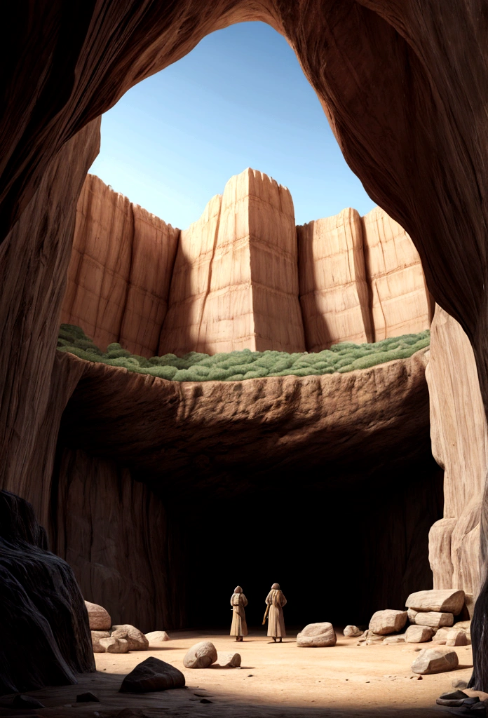 illustration of the cave of adullam, as described in the bible, a cold and dark scene
