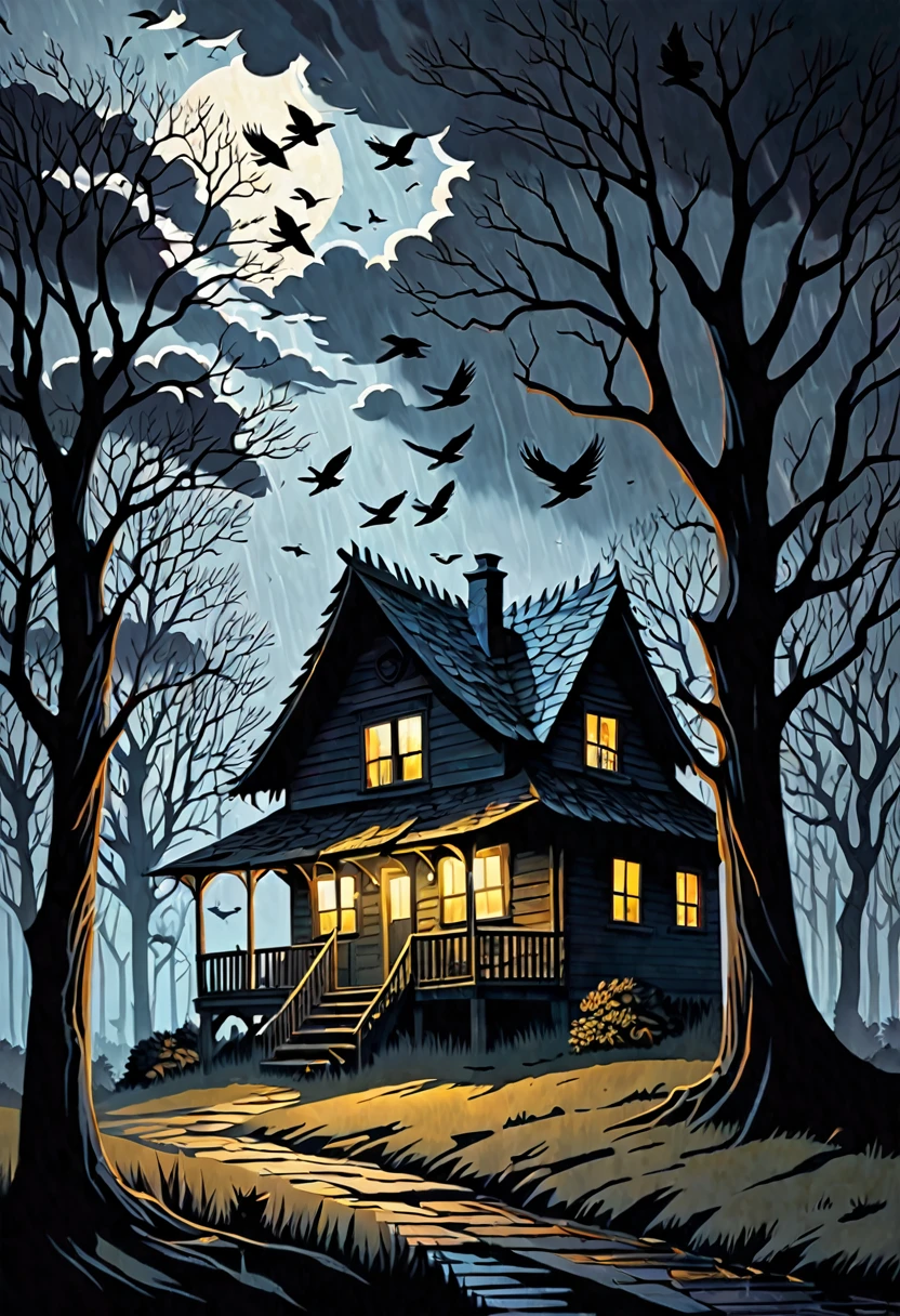 a flock of crows standing trees lurking a cottage house in a darkened scene with thunders, dark fantasy paper style from the 70s, with intense painting and a german romantic style, shadows and spectacultar lighting