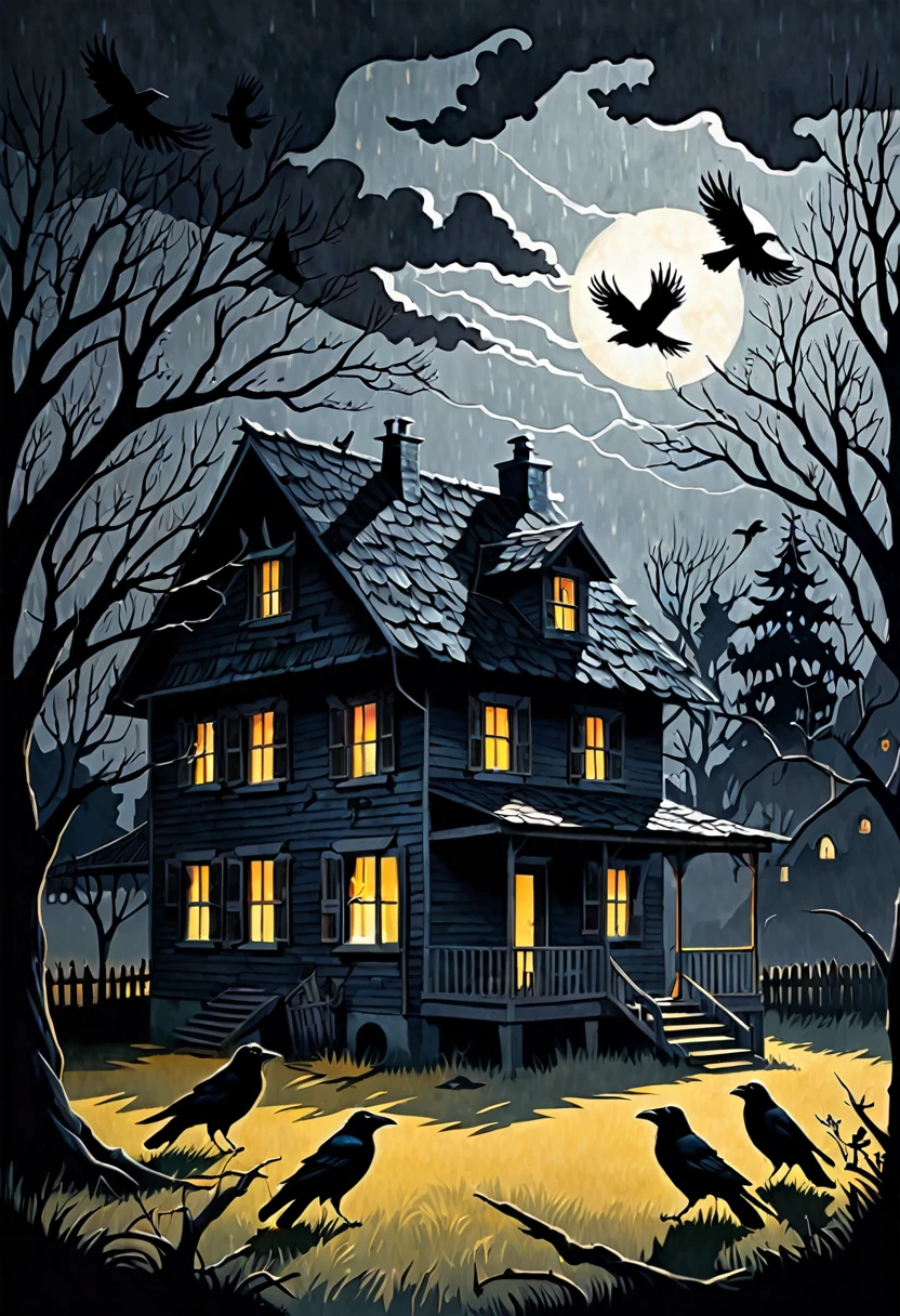 a flock of crows standing trees lurking a cottage house in a darkened scene with thunders, dark fantasy paper style from the 70s, with intense painting and a german romantic style, shadows and spectacultar lighting