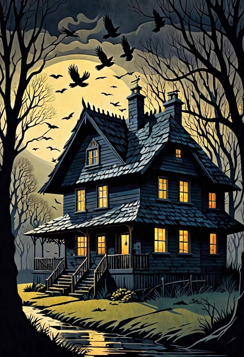 a flock of crows standing trees lurking a cottage house in a darkened scene with thunders, dark fantasy paper style from the 70s, with intense painting and a german romantic style, shadows and spectacultar lighting