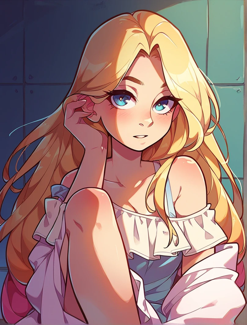 gazing at viewer, long blonde hair, off shoulder blouse, eyes browns,