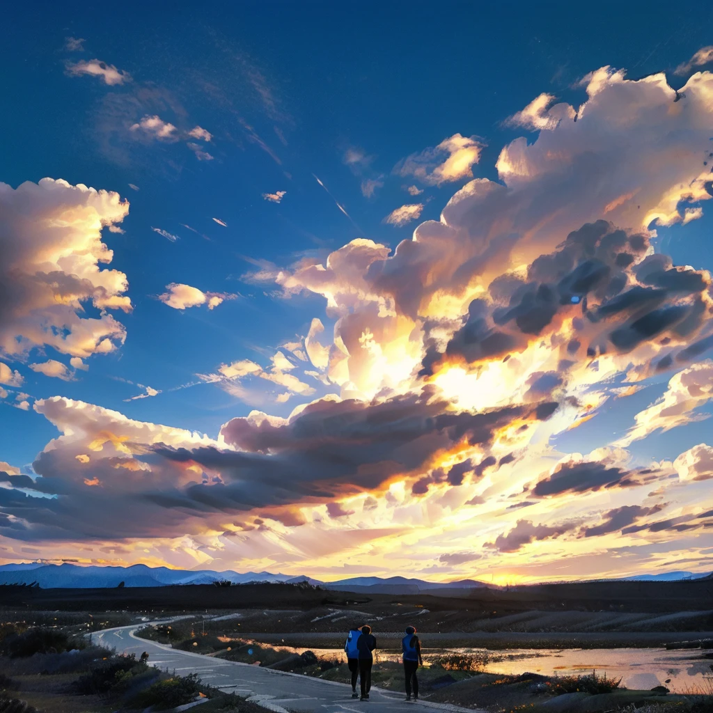 This image depicts a mountain at sunset。The sky is a gradient from orange to blue,The sun is at the top of the picture,Partially obscured by clouds。There is a path on the mountains,There are many pedestrians on the road,They seem to be walking or waiting to enjoy the sunset.。On both sides of the path,Some lights can be seen,It could be a street lamp or a pedestrian lamp.。In the foreground,There are three figures from behind,They face the mountains and sunset in the distance。Two of them were wearing dark clothing,The third person wore a white headscarf。also,There is a bird flying in the sky