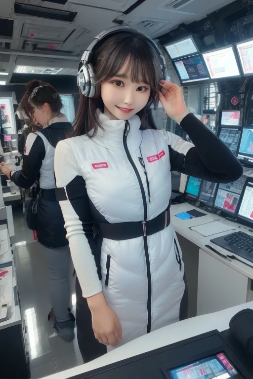 masterpiece, Highest quality, Very detailed, 8K Portrait,Japanese Android Girl,plump , Control panel,Robotic arms and legs, Blunt bangs,,break (Metallic Gray, Metallic luster, Mirror finish, Astro Best):5,headphone:5,break (Black sleeves):100,Smart Watches,Futuristic space station,Control Room,break headphone,blue eyes,(Black Hair):2,(Long Hair):1.3,Displaying the viewer,(respirator),break blush:3,Hidden Hand,smile