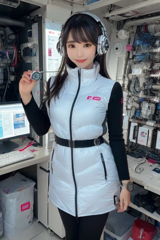 masterpiece, Highest quality, Very detailed, 8K Portrait,Japanese Android Girl,plump , Control panel,Robotic arms and legs, Blunt bangs,,break (Metallic Gray, Metallic luster, Mirror finish, Astro Best):5,headphone:5,break (Black sleeves):100,Smart Watches,Futuristic space station,Control Room,break headphone,blue eyes,(Black Hair):2,(Long Hair):1.3,Displaying the viewer,(respirator),break blush:3,Hidden Hand,smile