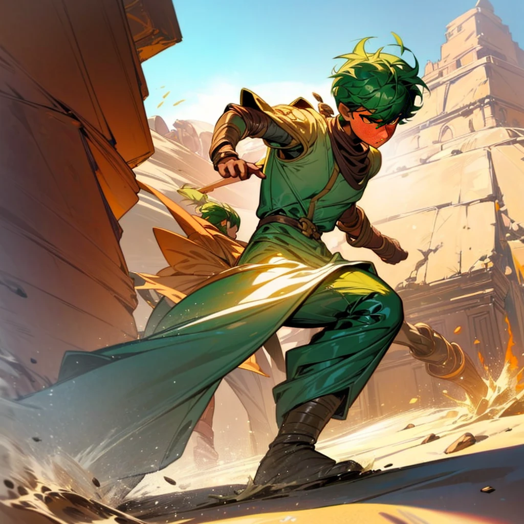 1boy, Full body version, 1character, (sand wanderer), brown eyes color, dark skin, (Curly cut hairstyle), small eyes type, green colour hair, doctor ancient roman clothing style, white color clothing, dark green robe, Ancient roman boots, armor vest, sands in two hand, Grassroots background in desert, (battle, battle gesture, battle poses, view character on small, He a sand wanderer, he controls sand with his hands, he fights enemies with sand, enemies, bandits, Fighting, intense battles, fighting in desert, Dynamic Pose, Motion Blur, emphasis lines, sparks, plasma, aura)