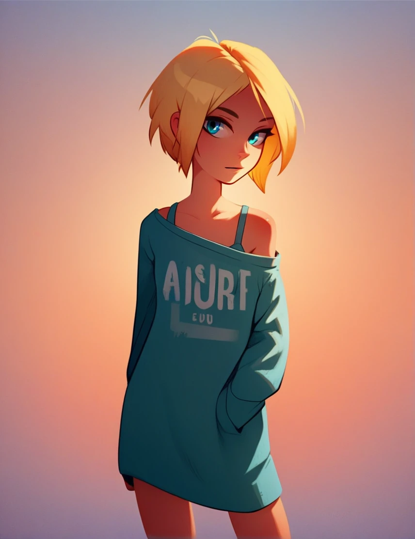  1 girl, standing alone, flat shading, flat colour, Drg, hair blonde, yellow off-shoulder blouse, long sleeves, portraite, gazing at viewer,
