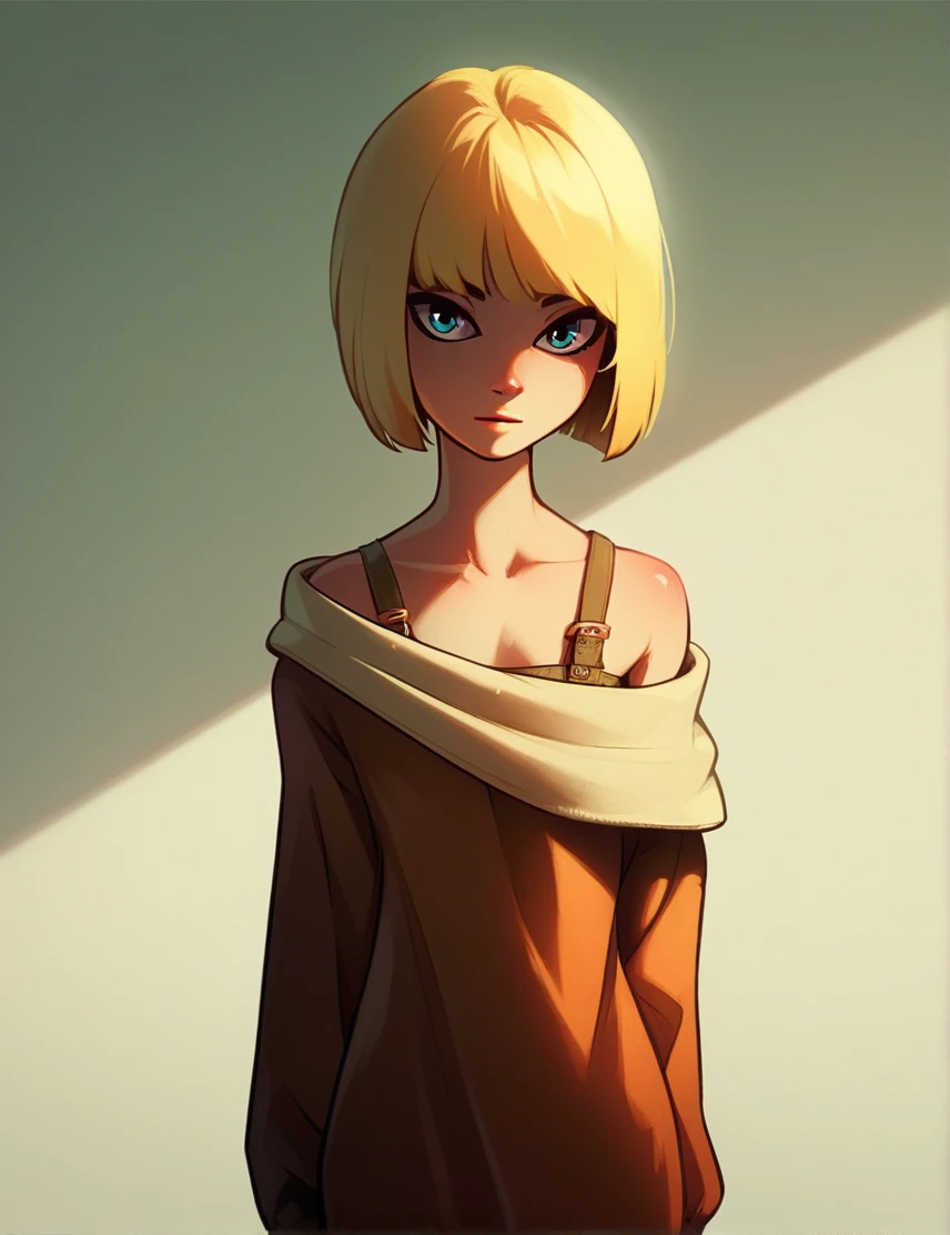 1 girl, standing alone, flat shading, flat colour, Drg, hair blonde, yellow off-shoulder blouse, long sleeves, portraite, gazing at viewer,