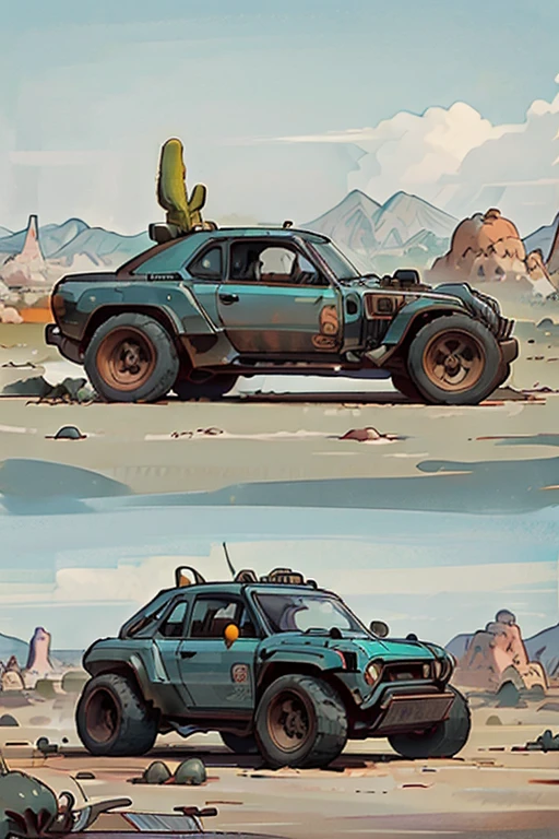 one Cartoon offroad truck alone, the truck is on top of a large round boulder, the boulder is alone in the middle of the desert, one cactus in the desert, the car is light blue, beautiful illustration, 8k, hi res image, intricate detail, unique illustration, three quarters view, orange desert, blue sky