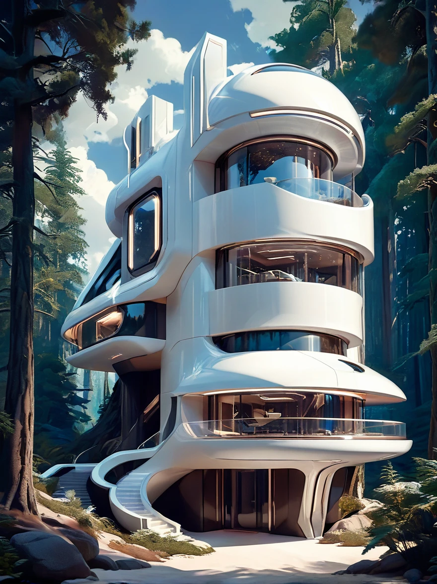 futuristic sci fi home, amazing lighting, Pure white technology style, exterior shot in forest