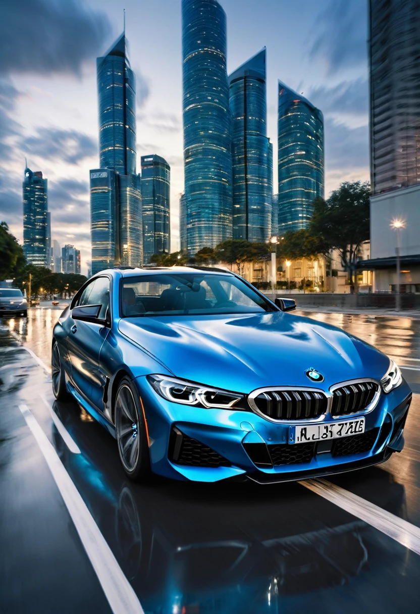 An image with a modern urban background, featuring a cloudy sky and distant tall buildings, suggesting an urban environment at dusk. In the center of the scene, a metallic blue luxury bmw car is at a road the camera has a low angle regard the car focusing at the car front