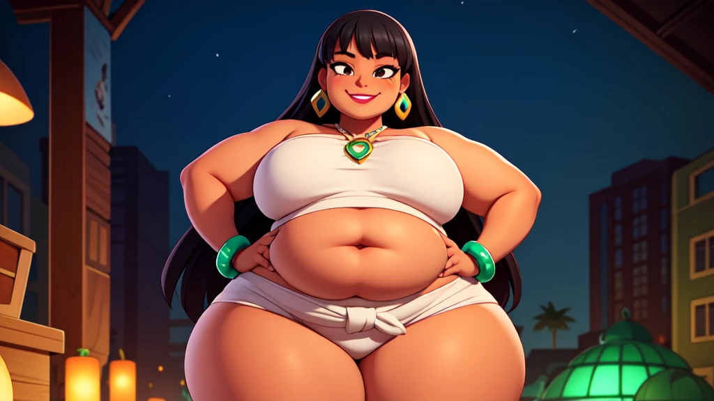 (work of art:1.2, best qualityer:1.2), soft ambient lighting, perfect lighting, 1 girl, standing alone, Chel, Bblack hair, long hair, rhombus stripe, eyes browns, darkskin, lipstick, breasts big, Broad Hips, top of the tube, neckleace, bared shoulders, emerald earrings, emerald bracelets, looking at the camera with a smug expression on his face, hands on hips, market bottom, full body market, very large body, fat belly rolls, ssBBW, big breasts, sexy smile, fat arms, thunder thighs, super fat, BBW, looking at viewer