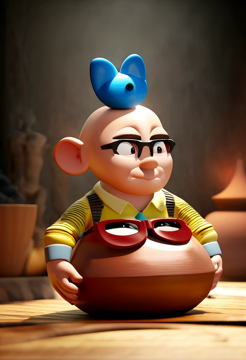 Cartoon character لرجل يرتدي نظارات سوداء وقميصًا أزرق, Cartoon character, Stylized character, Cartoon style rendering, 3D miniature, Introducing Arnold Maya, Stylized 3D rendering, Toon introduction shot, 3D character, 3D character, Stylized 3D rendering, 3d character rendering, Cartoon character, Close-up character, Personality posture, (pixar style) (The main part:1.2) (sad) (Best quality) (Detailed skin) (Detailed texture) (8 kilos) (Pottery) (Cinema lighting) (Intense focus