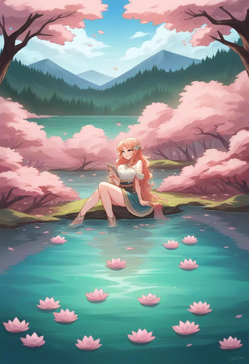 Make a girl with shoulder length wavy hair this girl has the right half of her hair white and the left half black, this girl is sitting on the shore of a long lake with very crystal clear waters, On the banks of this long lake there are several pink cherry trees that release pink petals all over the lake and several petals around the girl.. This girl is sitting on the shore of the lake with her shore against one of the cherry trees., She has a pen in her hand and a notebook resting on her legs, because she is writing poetry, This girl has her feet up to her heels submerged in the crystal clear waters of this lake, the crystal clear waters of this lake are so crystal clear that you can see some fish and a coral reef in the deepest part of the lake, In this large lake there are also several lotus flowers spread throughout the large lake.