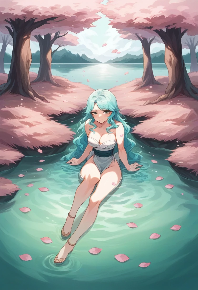 Make a girl with shoulder length wavy hair this girl has the right half of her hair white and the left half black, this girl is sitting on the shore of a long lake with very crystal clear waters, On the banks of this long lake there are several pink cherry trees that release pink petals all over the lake and several petals around the girl.. This girl is sitting on the shore of the lake with her shore against one of the cherry trees., She has a pen in her hand and a notebook resting on her legs, because she is writing poetry, This girl has her feet up to her heels submerged in the crystal clear waters of this lake, the crystal clear waters of this lake are so crystal clear that you can see some fish and a coral reef in the deepest part of the lake, In this large lake there are also several lotus flowers spread throughout the large lake.