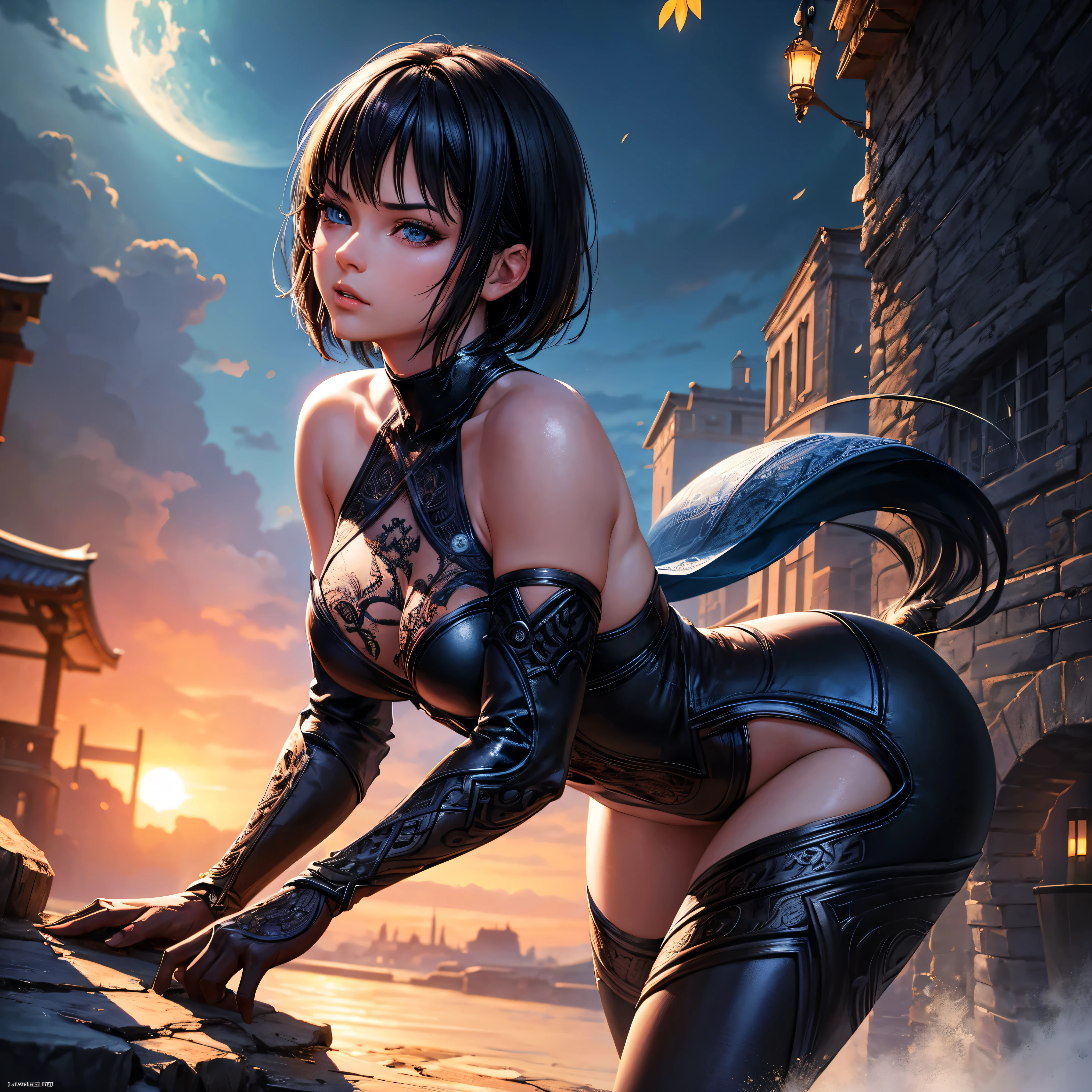 a woman, 1girl, short bob black hair, small breasts, blue sky eyes!!!, fait skin, blank face, sexy tight black ninja outfit, bare arm, bare leg, night, medieval japanese town, very sexy body, detailed face, beautiful detailed eyes, beautiful detailed lips, extremely detailed eyes and face, long eyelashes, detailed clothing, intricate details, highly detailed, photo realistic, 8k, best quality, masterpiece, cinematic lighting, dramatic lighting, vibrant colors, fantasy, digital art, concept art